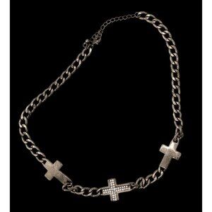 Glam Goth Triple Cross Necklace With Rhinestone Accents